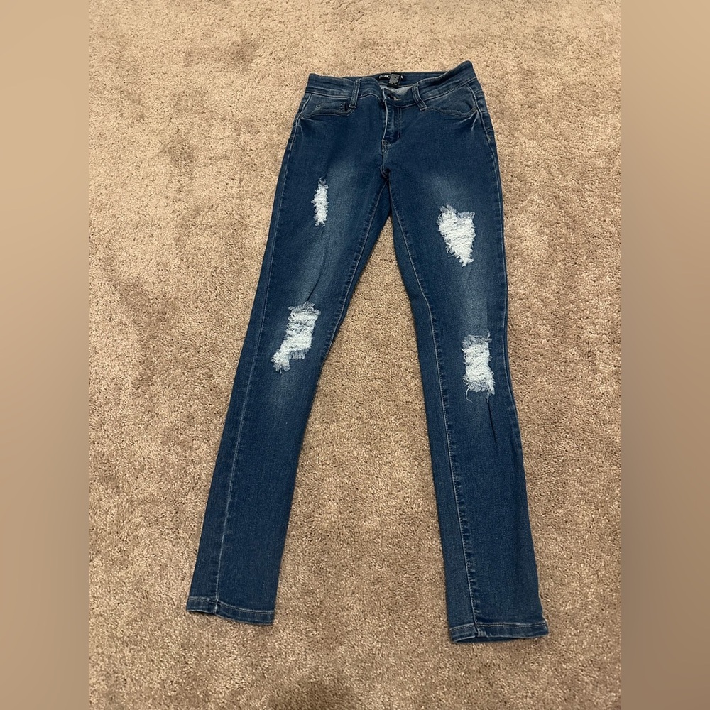 Fashion Nova Dark Blue Distressed Skinny Jeans